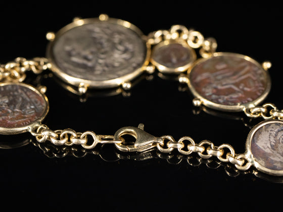 Replica Greek Silver Coin Bracelet in 14K Yellow Gold