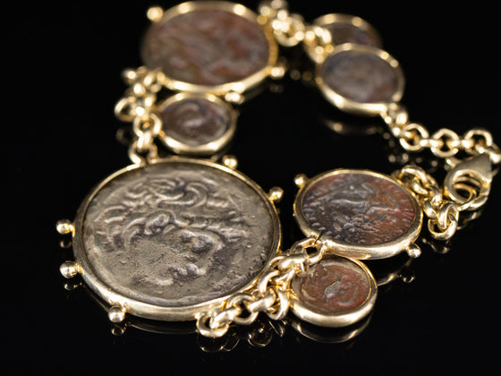 Replica Greek Silver Coin Bracelet in 14K Yellow Gold