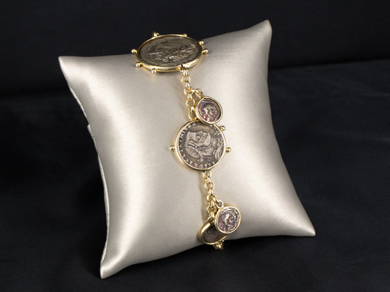 Replica Greek Silver Coin Bracelet in 14K Yellow Gold