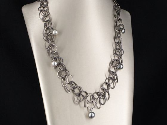 10-11 mm. Freshwater Pearl Necklace in Oxidized Sterling Silver