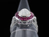 Moonstone and Ruby Halo Ring with Diamond Shoulders in 14K White Gold