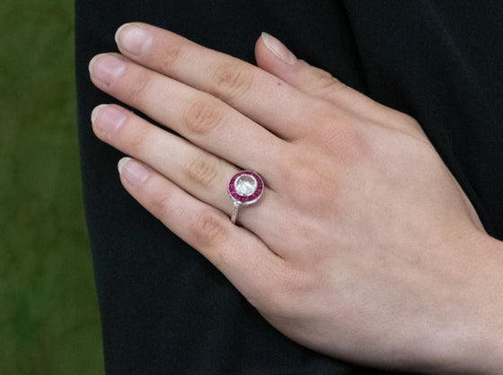 Moonstone and Ruby Halo Ring with Diamond Shoulders in 14K White Gold