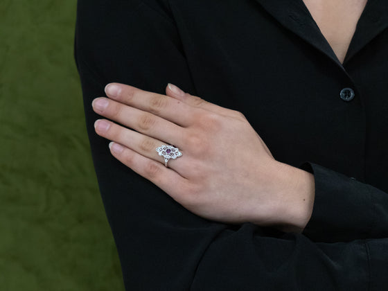 The Cordelia Ruby and Diamond Navette Ring in 14K White Gold