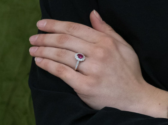 Ruby Ring with Scalloped Diamond Halo in 18K White Gold