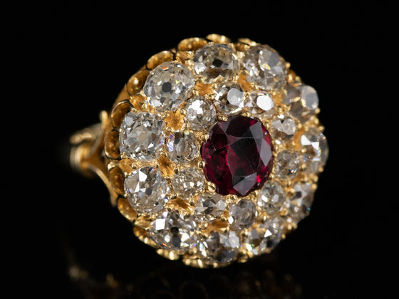 Ruby and Old Mine Cut Diamond Ring in 22K Yellow Gold