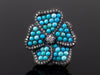 Turquoise and Old Mine Cut Diamond Pansy Ring in 18K Yellow Gold and 925 Silver