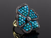 Turquoise and Old Mine Cut Diamond Pansy Ring in 18K Yellow Gold and 925 Silver