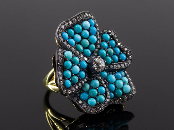 Turquoise and Old Mine Cut Diamond Pansy Ring in 18K Yellow Gold and 925 Silver