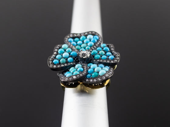 Turquoise and Old Mine Cut Diamond Pansy Ring in 18K Yellow Gold and 925 Silver