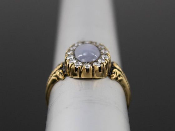 The Helena Misty Gray Star Sapphire and Diamond Halo Ring in 18K Yellow Gold