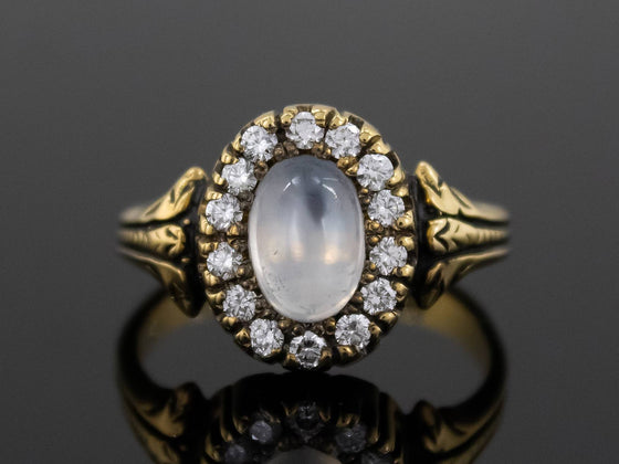 The Helena Moonstone and Diamond Halo Ring in 18K Yellow Gold