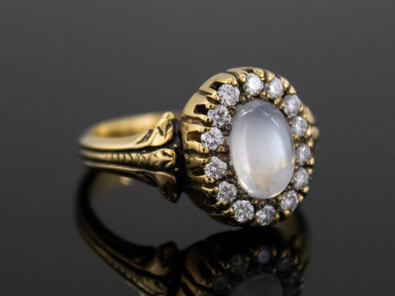 The Helena Moonstone and Diamond Halo Ring in 18K Yellow Gold