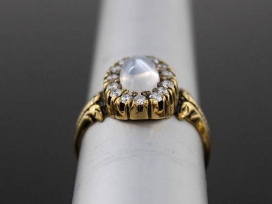 The Helena Moonstone and Diamond Halo Ring in 18K Yellow Gold