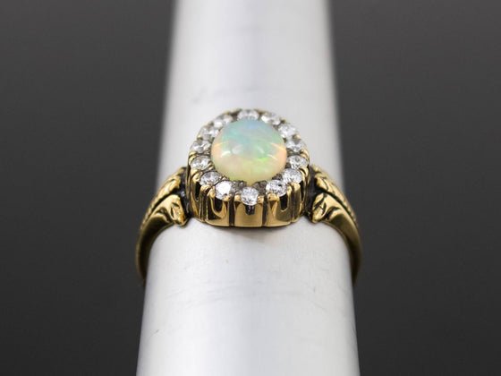 The Helena Opal and Diamond Halo Ring in 18K Yellow Gold