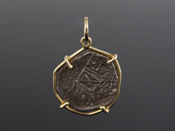 Authentic 18th Century Spanish Colonial Cob Coin Pendant in 14K Yellow Gold