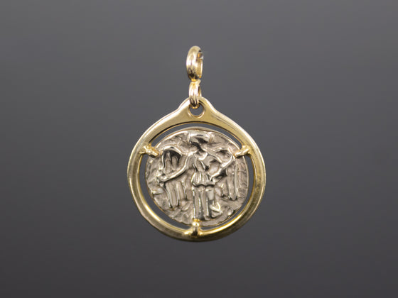 Replica Greek Silver Coin Pendant in 14K Yellow Gold